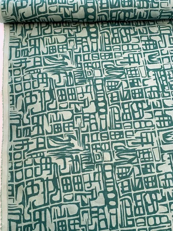 Abstract Printed Linen - Teal / Dusty Teal