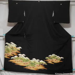 Abstract Scenic Pine Trees Tomesode - Vintage Silk Women's Kimono - Matsu Kurotomesode - Outdoors Scenery Plants - Kurotomesode