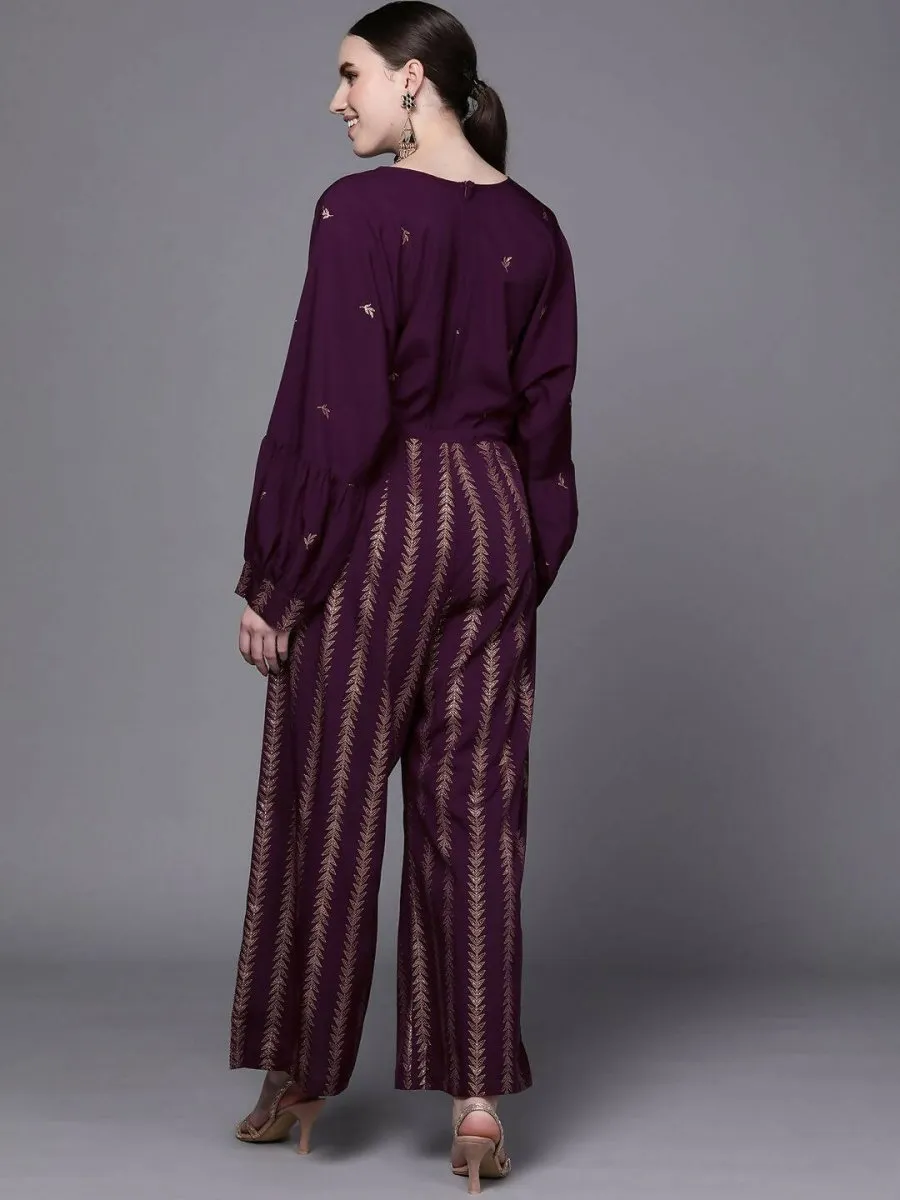 Ahalyaa Purple & Golden Printed Basic Jumpsuit