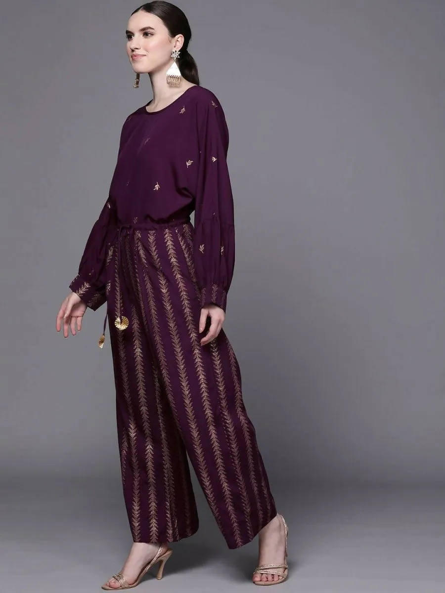 Ahalyaa Purple & Golden Printed Basic Jumpsuit