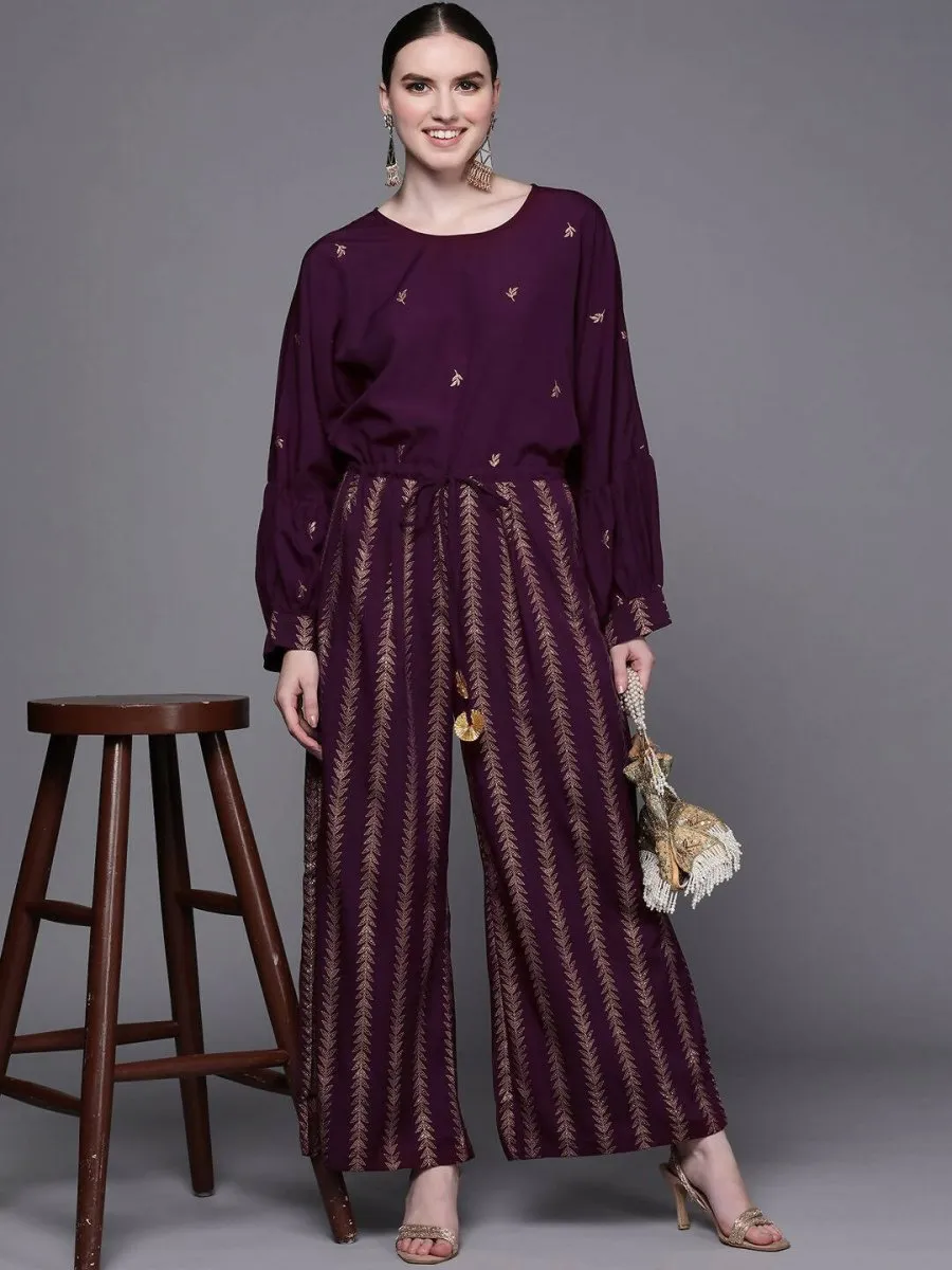 Ahalyaa Purple & Golden Printed Basic Jumpsuit