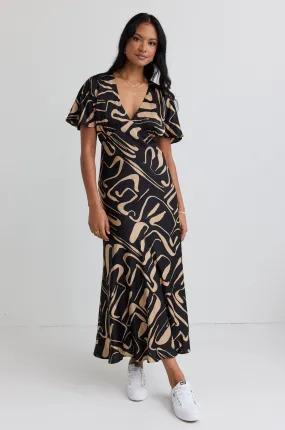 Anticipate Black Caramel Abstract Satin Kimono Short Sleeve Bias Maxi Dress