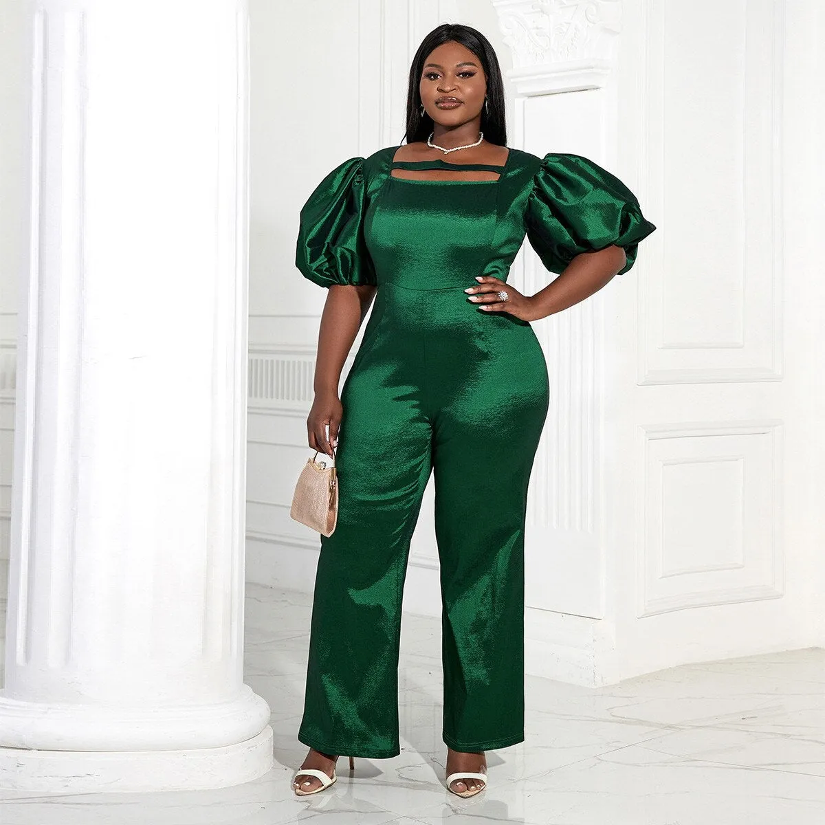 AOMEI Women Overalls Shiny Green Bodycon Jumpsuit