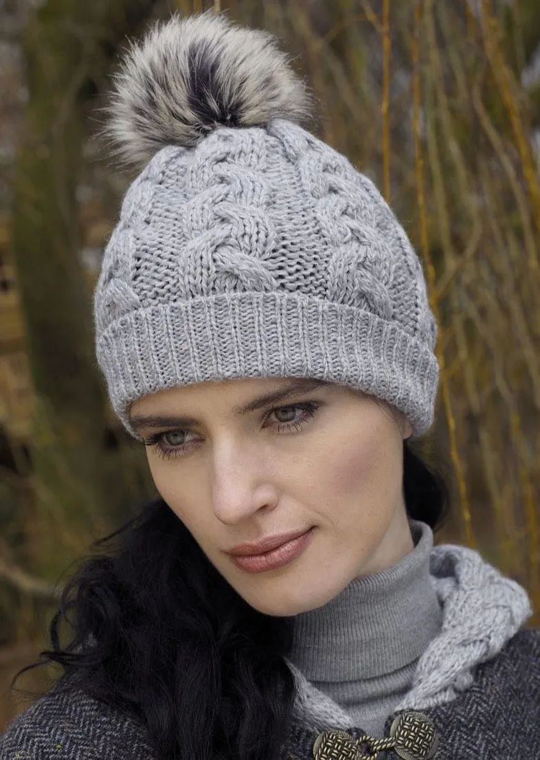 Aran Cable Knit Pom Pom Hat | Grey