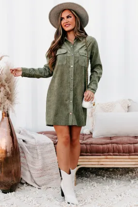 Attitude Adjustment Corduroy Shirt Dress (Olive)