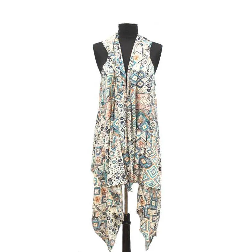 Aztec Print Kimono/Vest - Turquoise