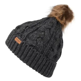 Barbour Hats Penshaw Cable Knit Faux Fur Pom Bobble Hat - Charcoal