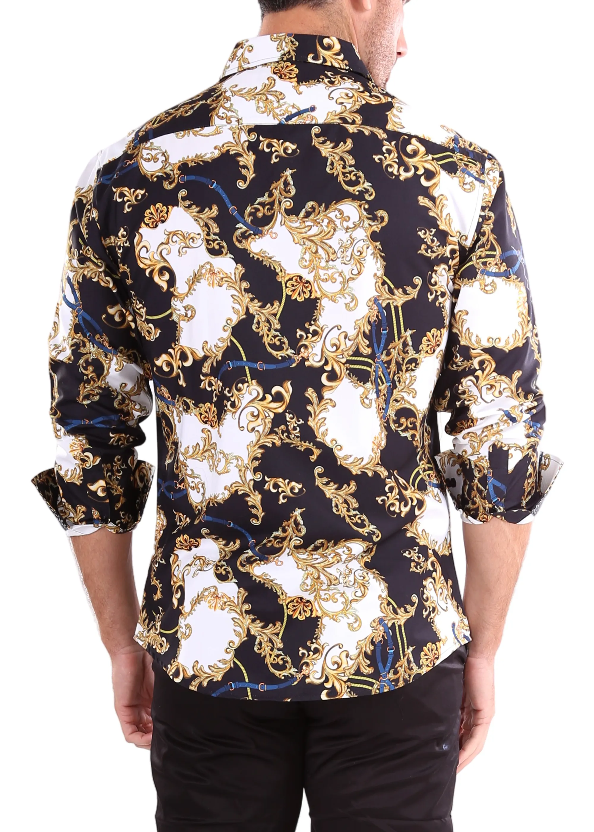 Baroque Motif Contrast Print Long Sleeve Dress Shirt Black