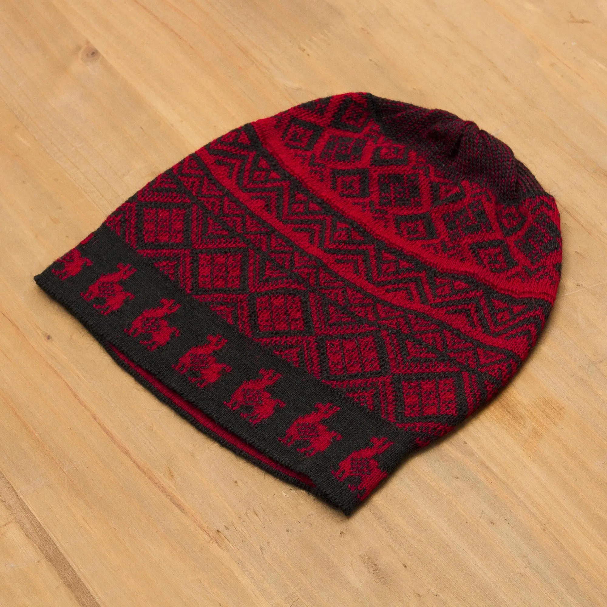 Black and Crimson Red Diamond Motif Alpaca Blend Knit Hat - Alpaca Parade in Red | NOVICA