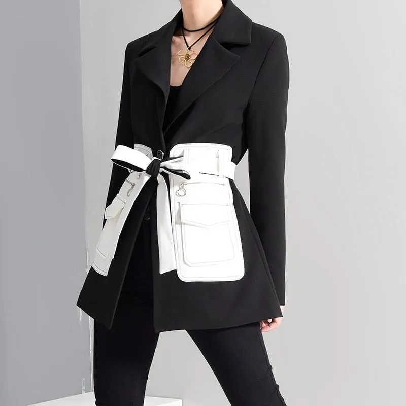 Black Contrast Color Pocket Blazer Long Sleeve Loose Fit Jacket