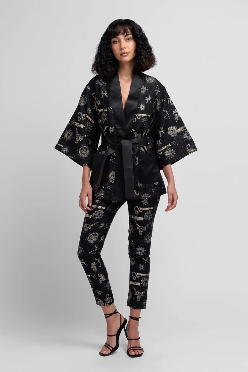 BLACK HANDMADE JACQUARD ZODIAC KIMONO