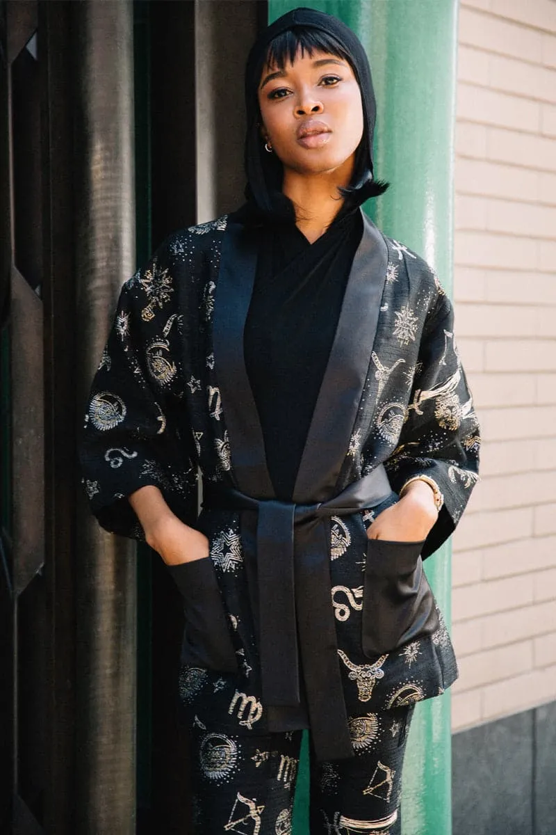 BLACK HANDMADE JACQUARD ZODIAC KIMONO