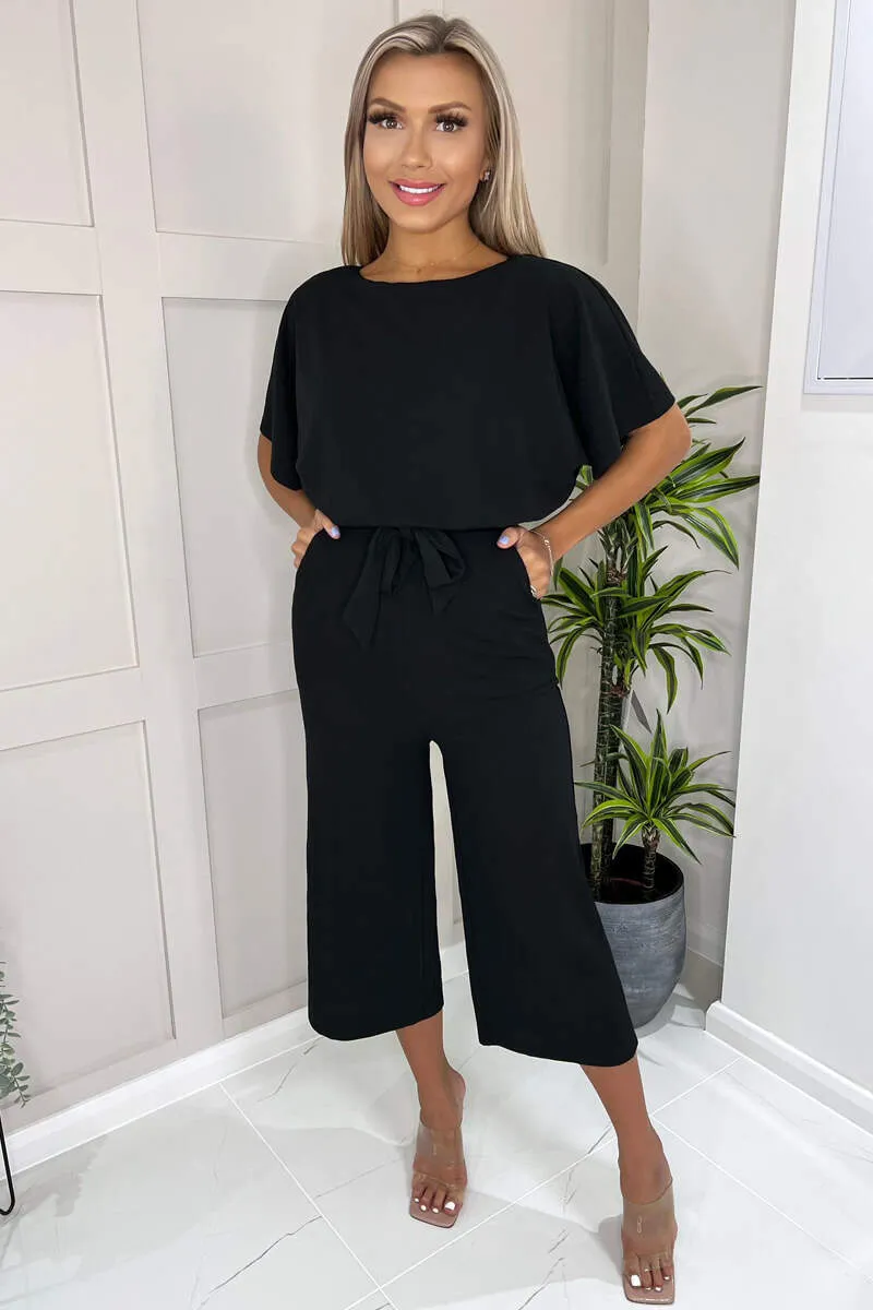 Black Tie Waist Short Sleeve Culotte Jumpsuit