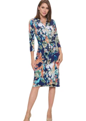 Blue Abstract Print Jersey Wrap Dress Made in USA