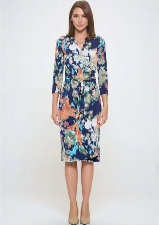 Blue Abstract Print Jersey Wrap Dress Made in USA