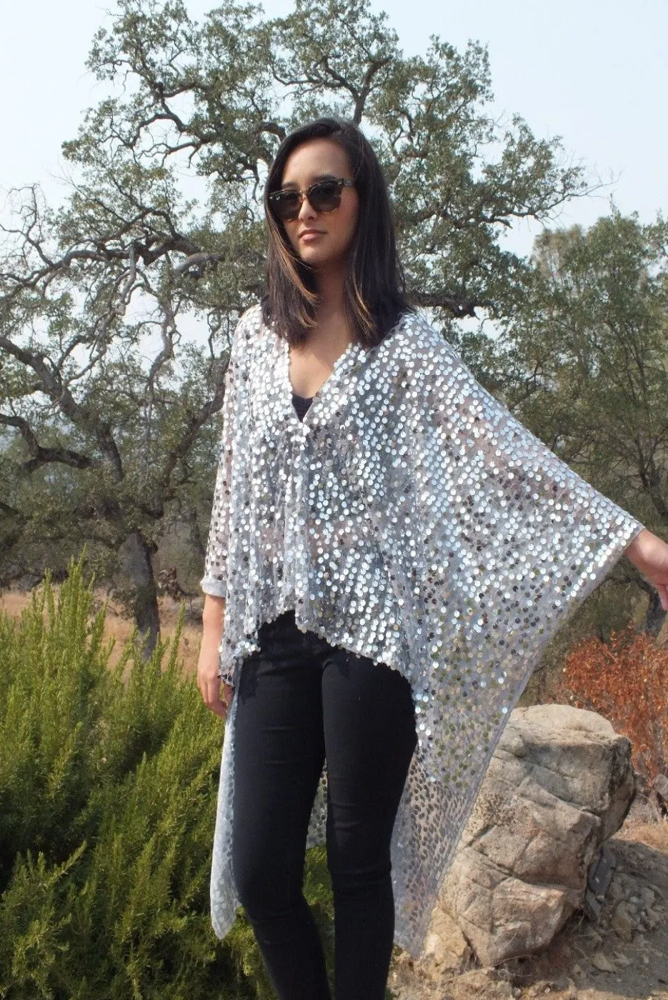 Blue Sequin Kimono Asymmetrical Cropped Top