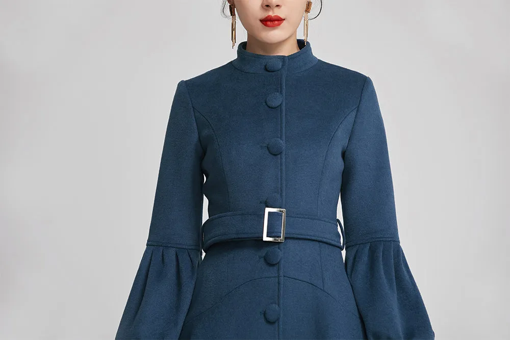 Blue women single breasted winter warm coat with pockets 2261