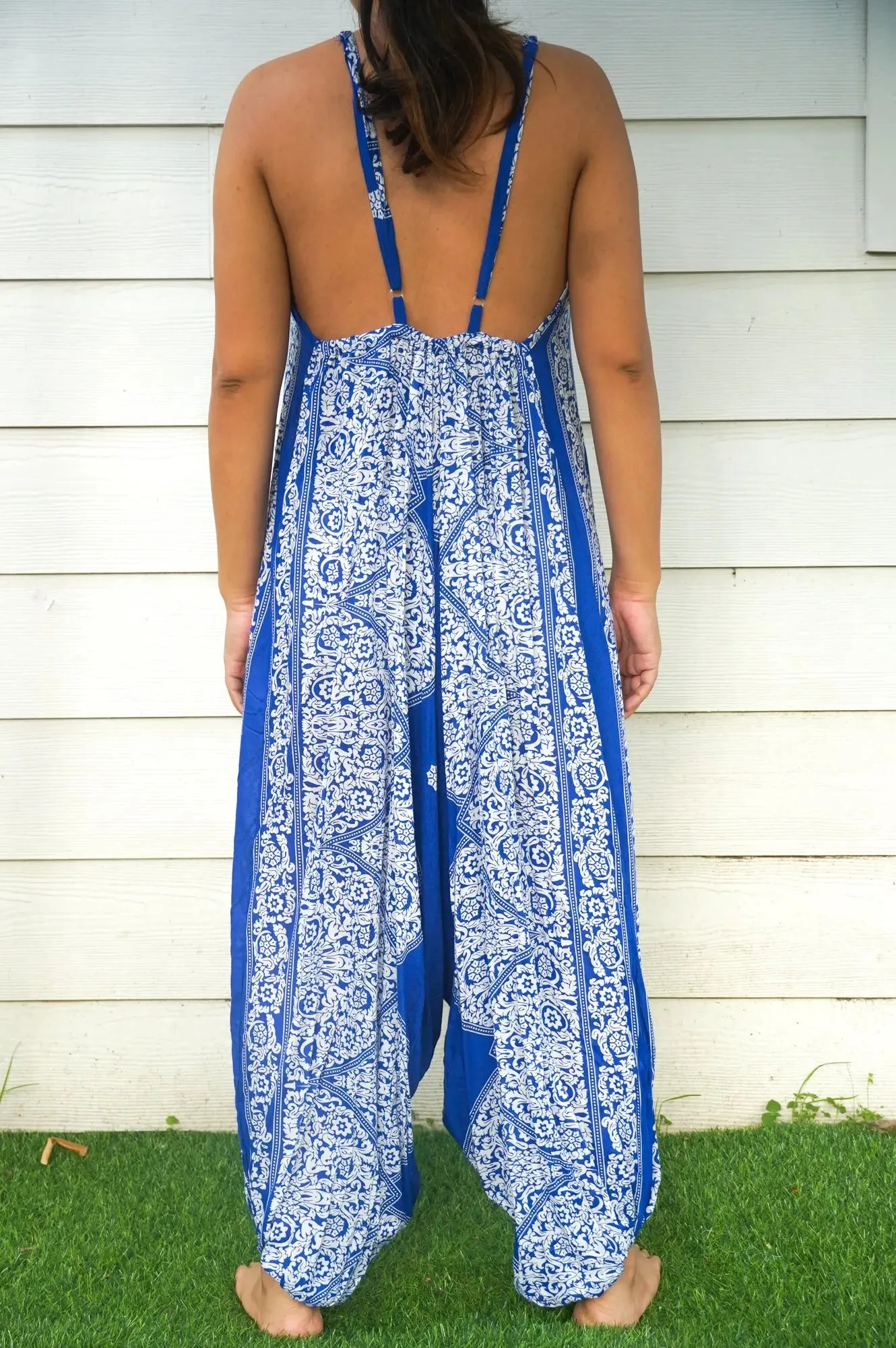 Bohemian Blue Floral Summer Jumpsuit for Festivals and Beach Days