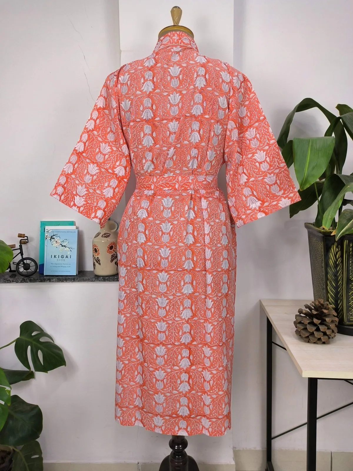 Boho Cotton Kimono House Robe Indian Handprinted Pink Sunrise Orange Bagh | Lightweight Summer Luxury Beach Holiday Cover Up Stunning Dress