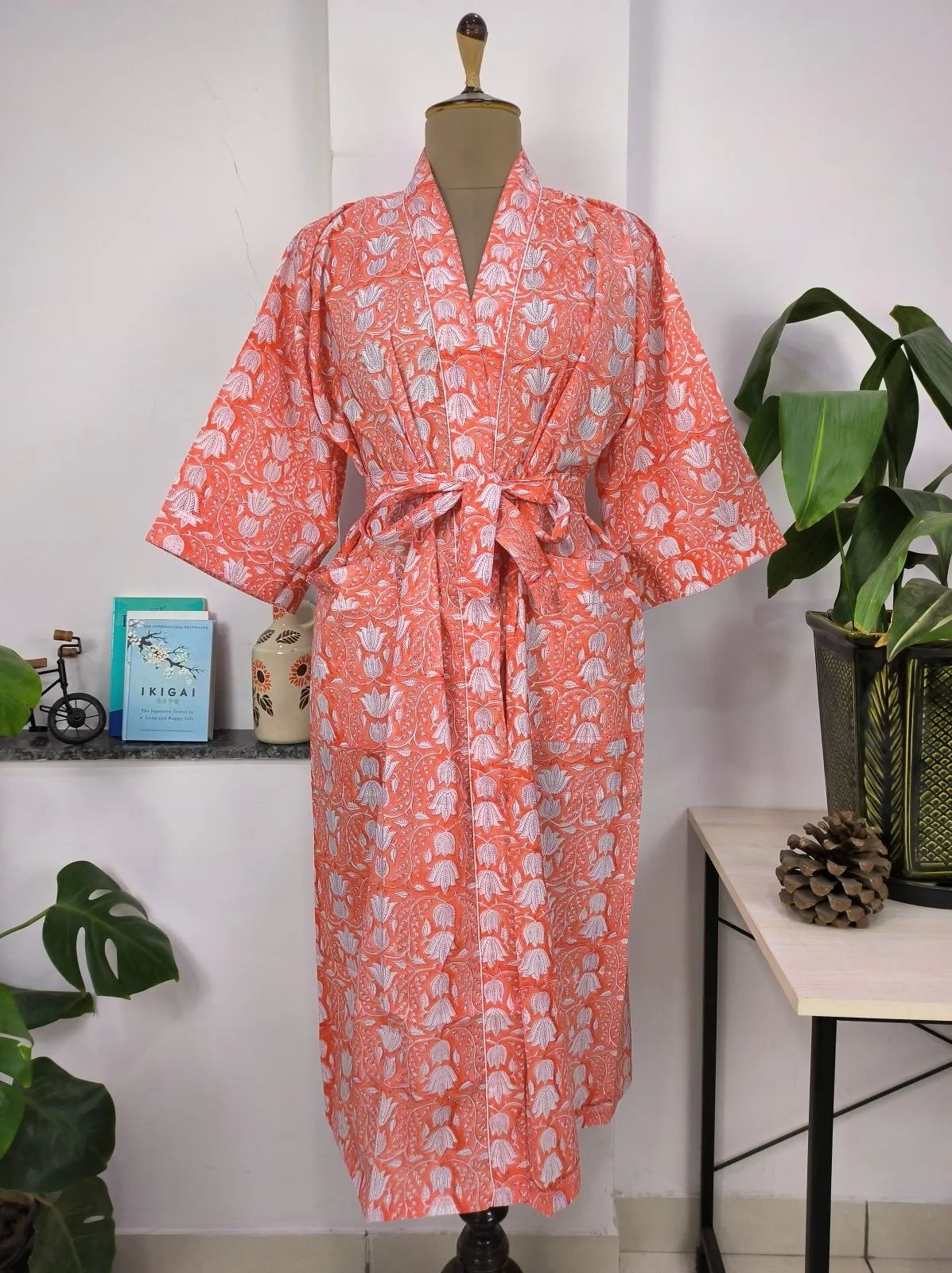 Boho Cotton Kimono House Robe Indian Handprinted Pink Sunrise Orange Bagh | Lightweight Summer Luxury Beach Holiday Cover Up Stunning Dress