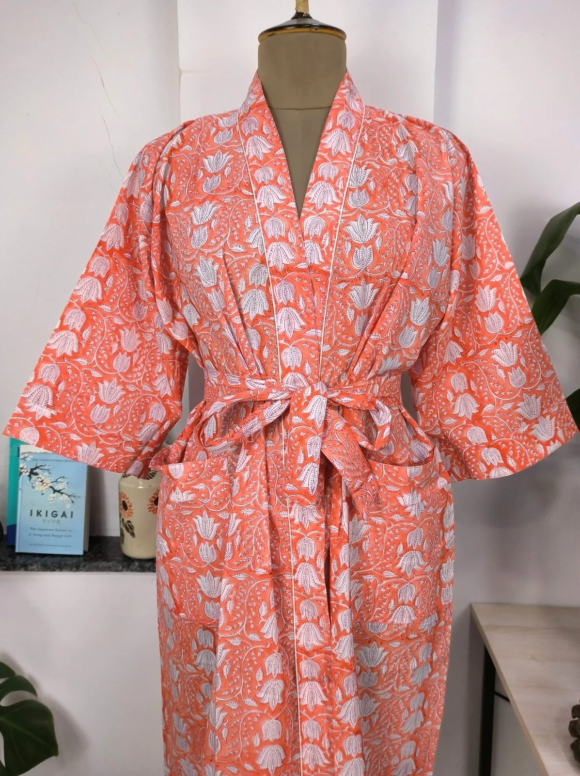 Boho Cotton Kimono House Robe Indian Handprinted Pink Sunrise Orange Bagh | Lightweight Summer Luxury Beach Holiday Cover Up Stunning Dress