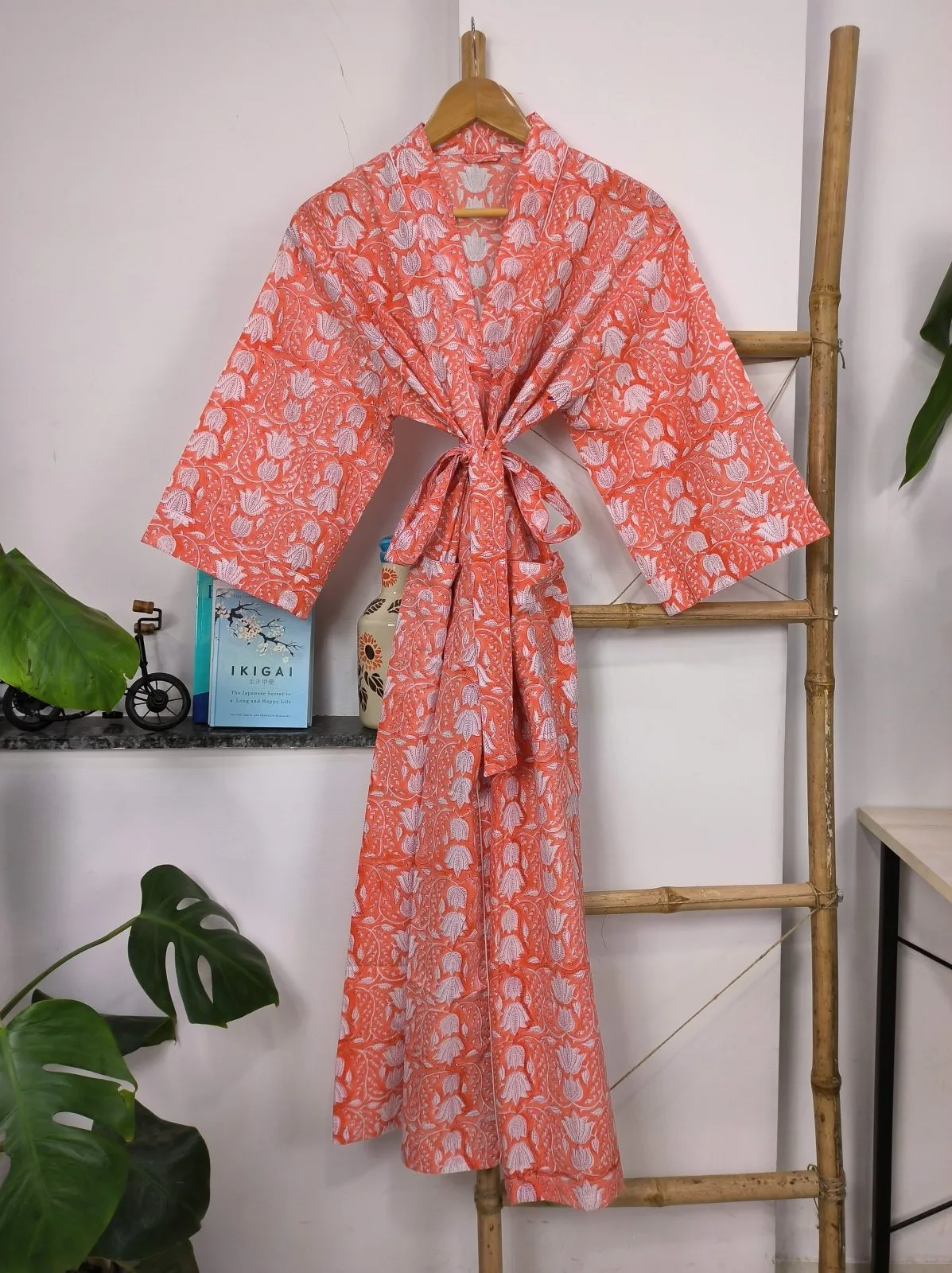 Boho Cotton Kimono House Robe Indian Handprinted Pink Sunrise Orange Bagh | Lightweight Summer Luxury Beach Holiday Cover Up Stunning Dress