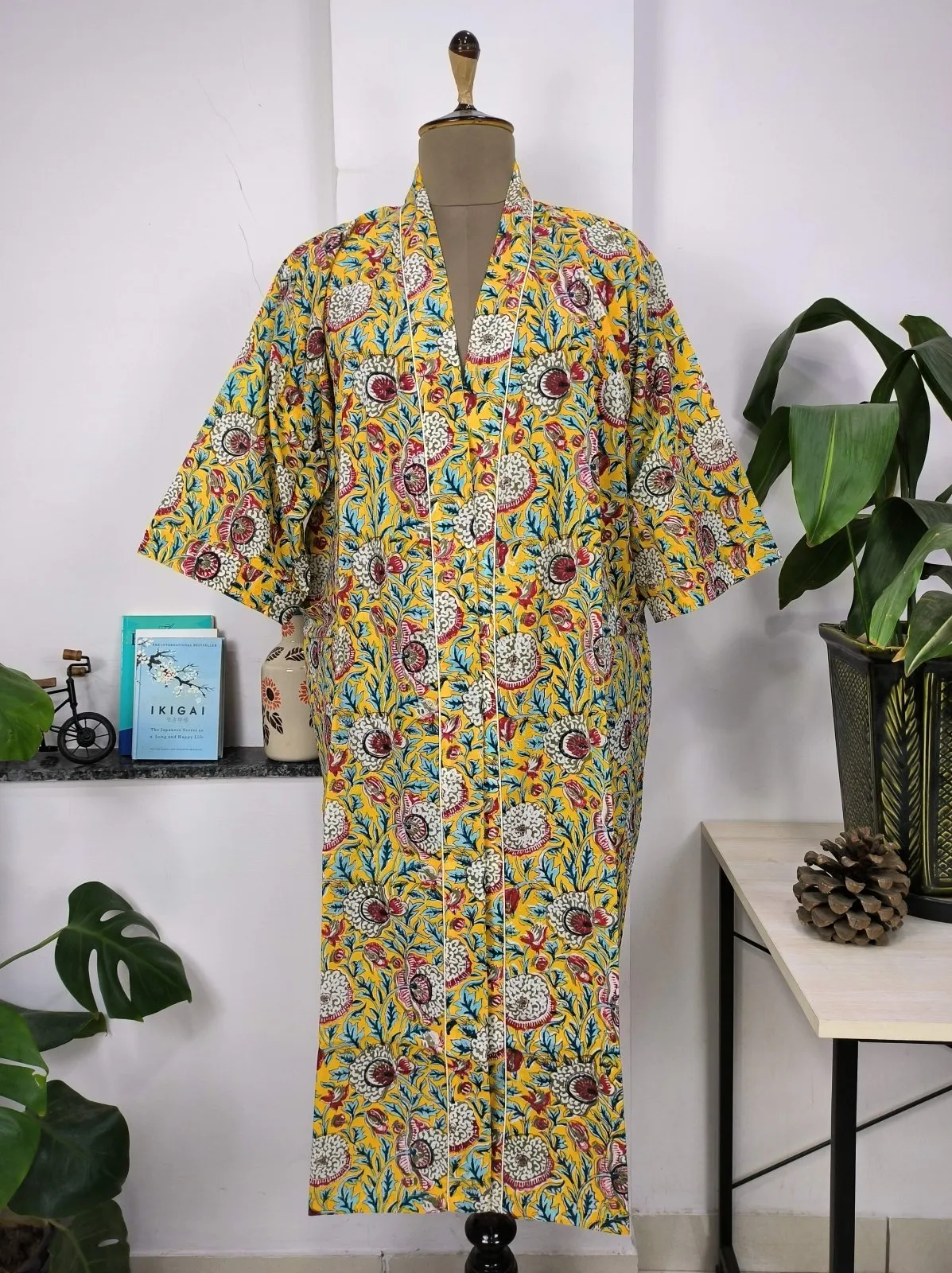 Boho Cotton Kimono House Robe Indian Handprinted Pink Yellow Garden Floral | Lightweight Summer Luxury Beach Holiday Cover Up Stunning Dress