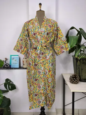 Boho Cotton Kimono House Robe Indian Handprinted Pink Yellow Garden Floral | Lightweight Summer Luxury Beach Holiday Cover Up Stunning Dress