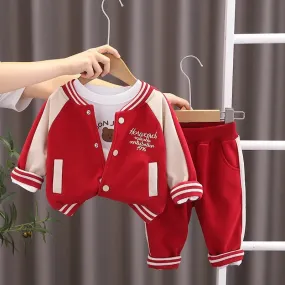 Boys Red Varsity Jacket, T-shirt And Joggers Set