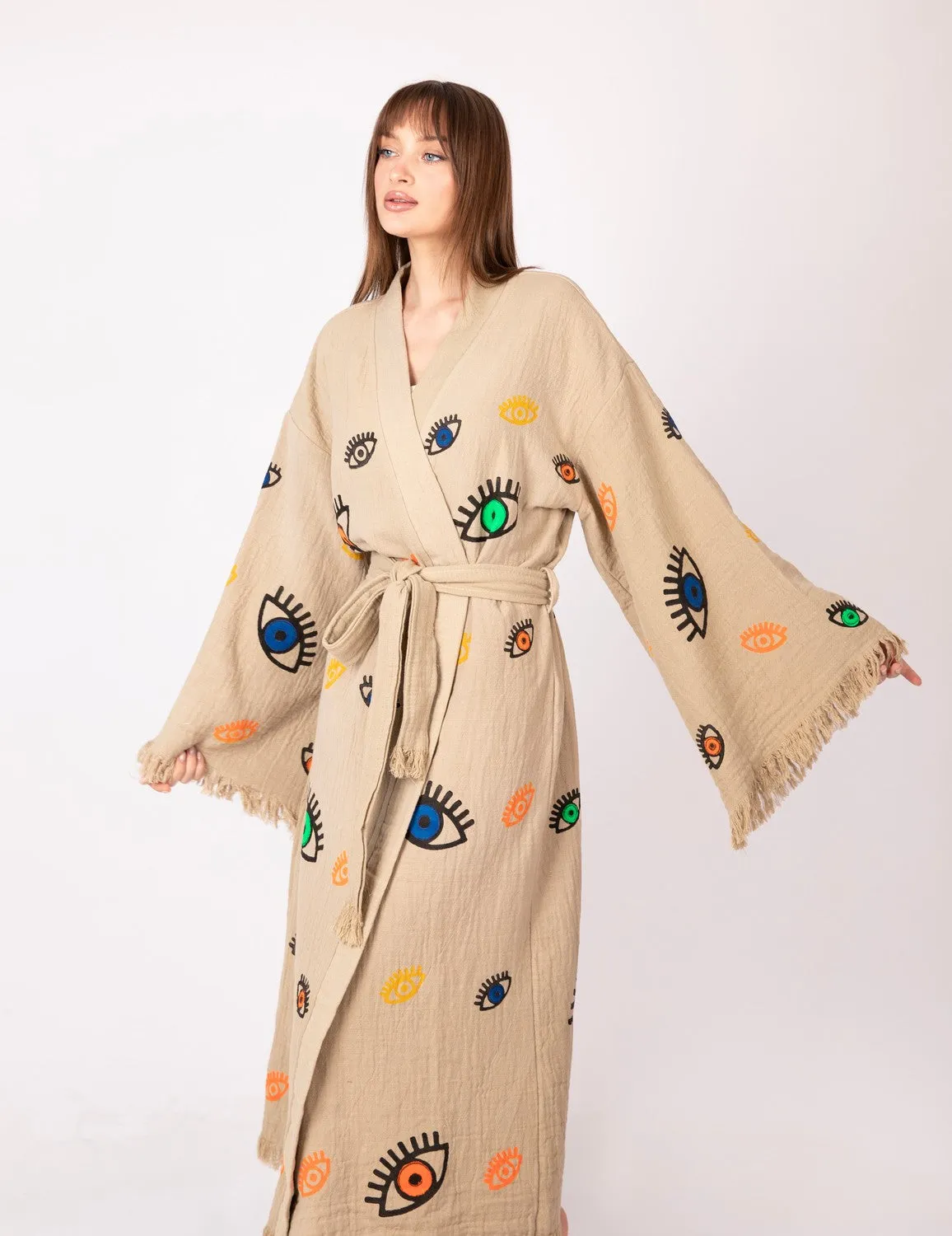 Brown Multi Evil Eye Kimono Robe