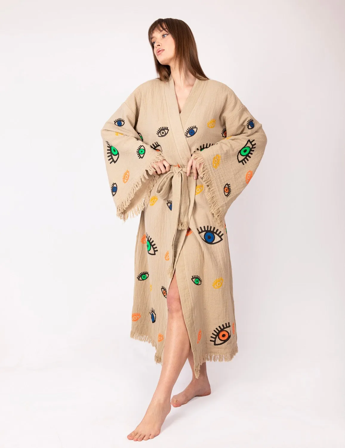 Brown Multi Evil Eye Kimono Robe