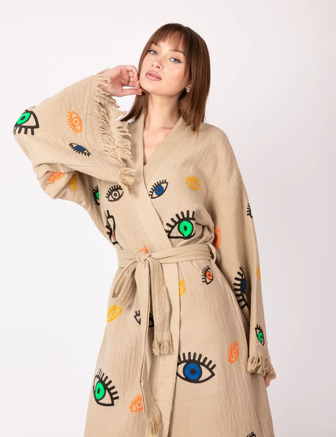 Brown Multi Evil Eye Kimono Robe