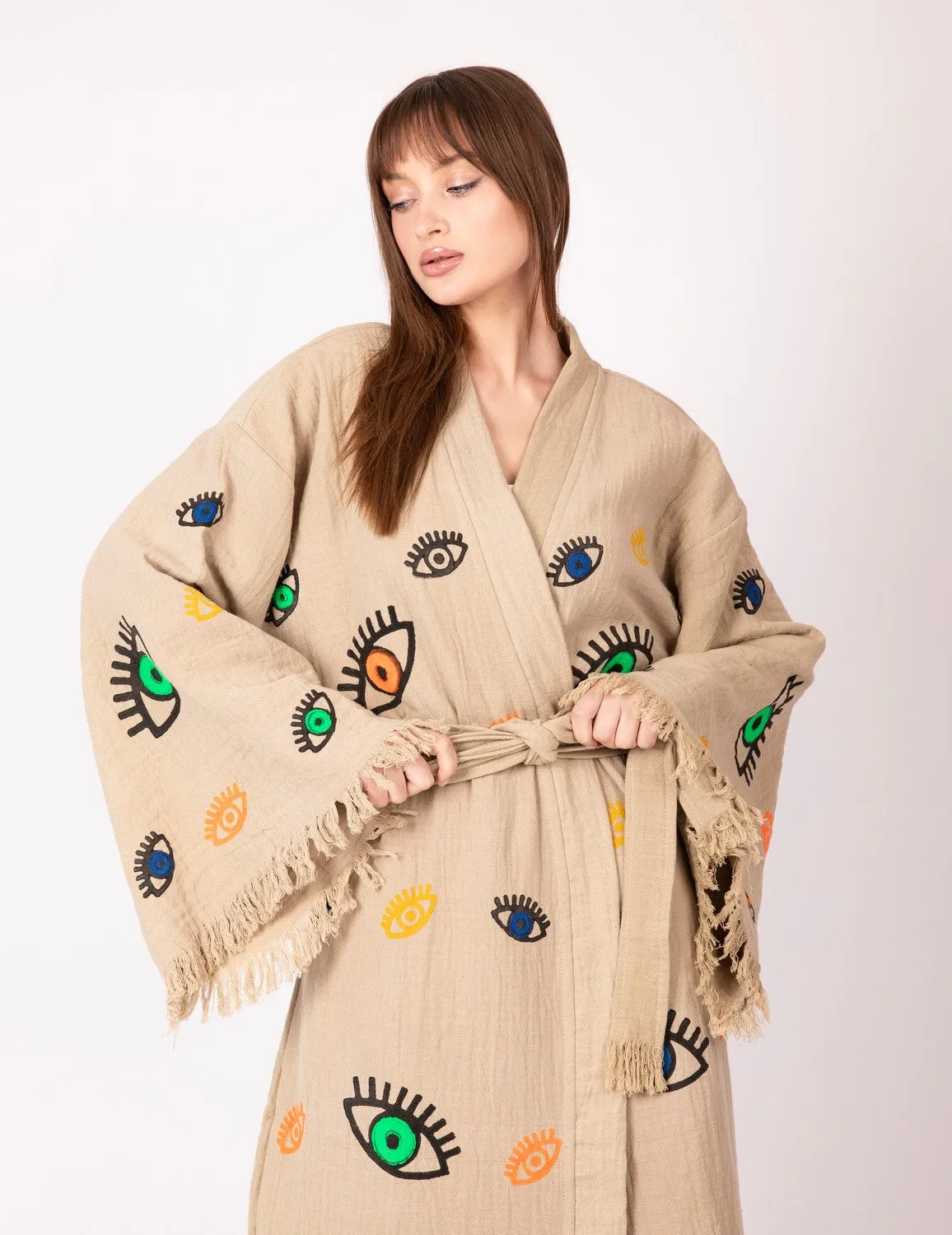 Brown Multi Evil Eye Kimono Robe