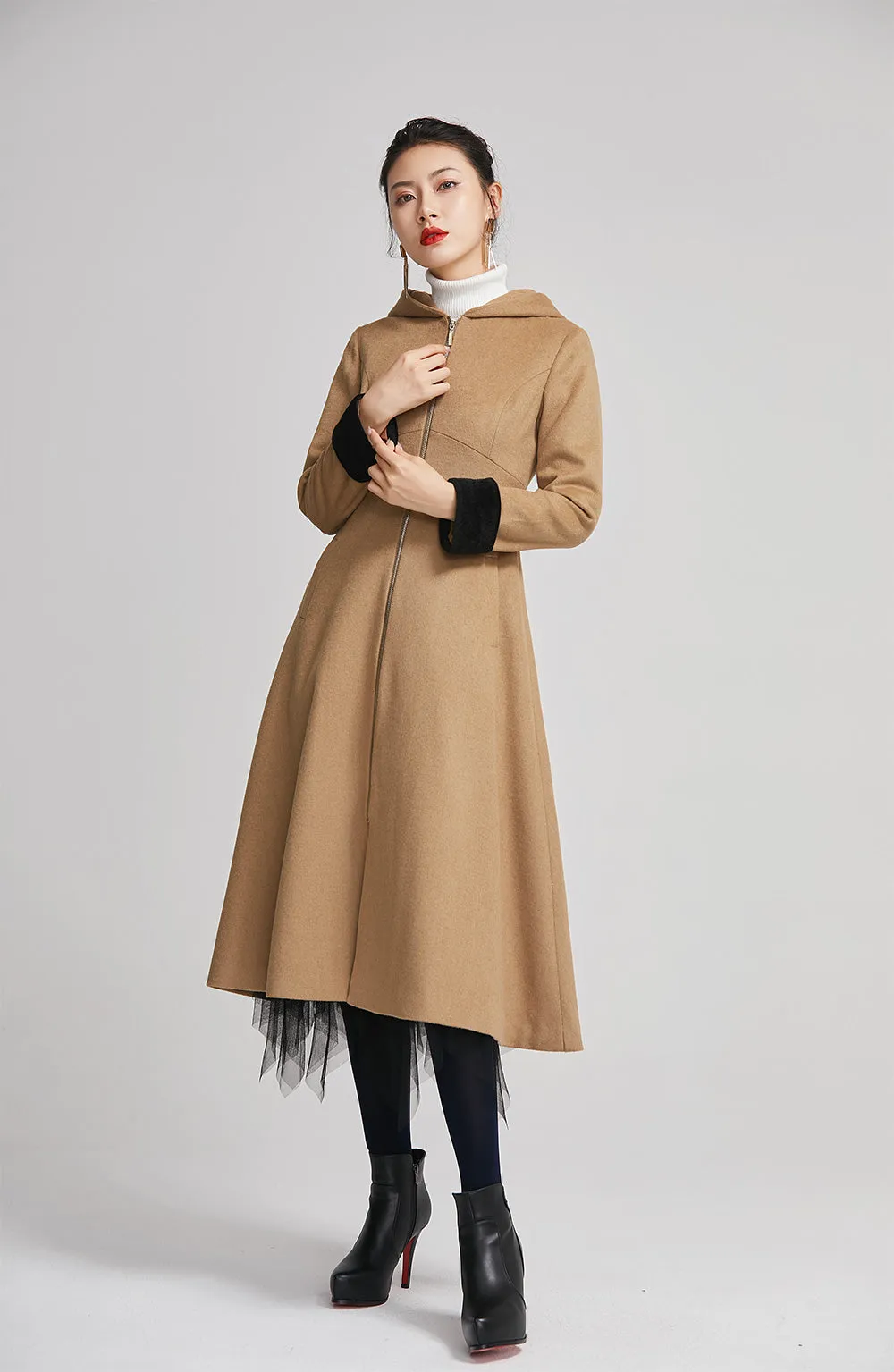 brown women long wool winter coat with single breasted 2255