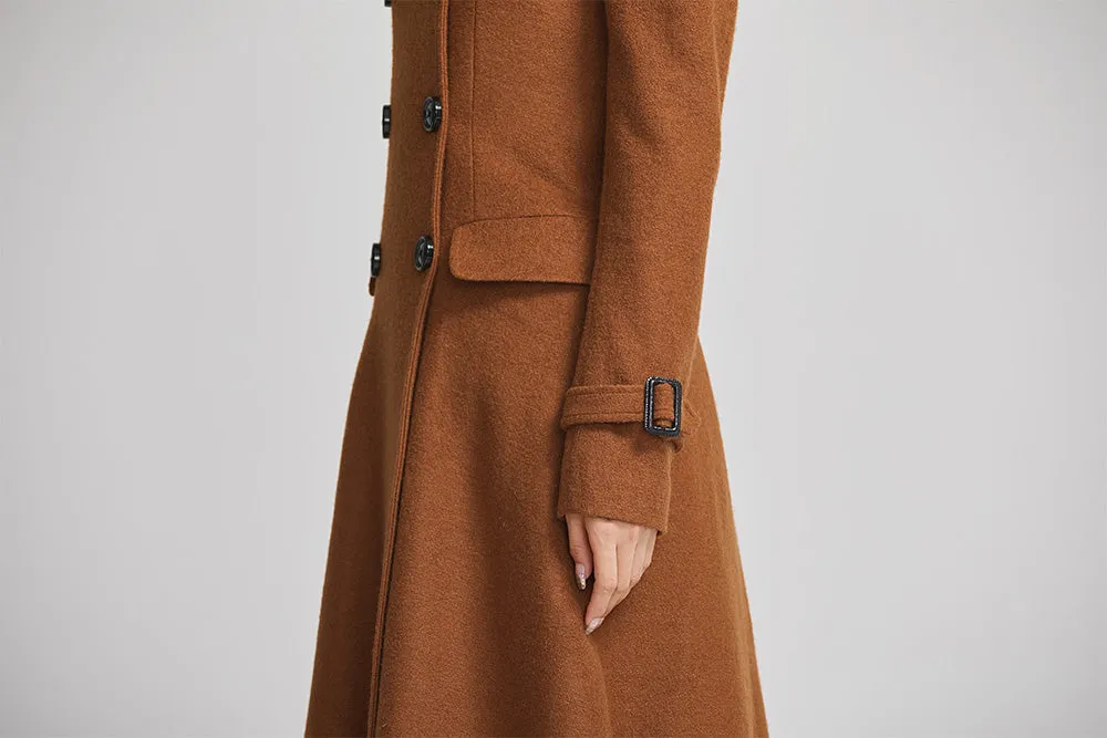 brown women winter long coat with single breasted and pockets 2254