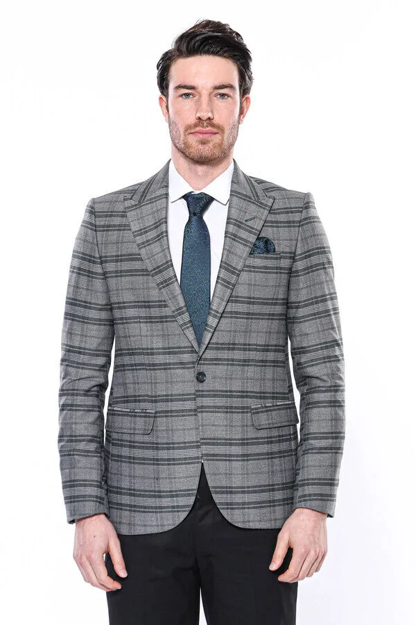 Checked Slim Fit Single Button Green Men Blazer - Wessi