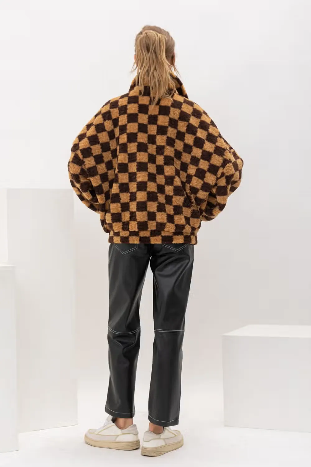 Checkered Faux Fur Jacket - Brown