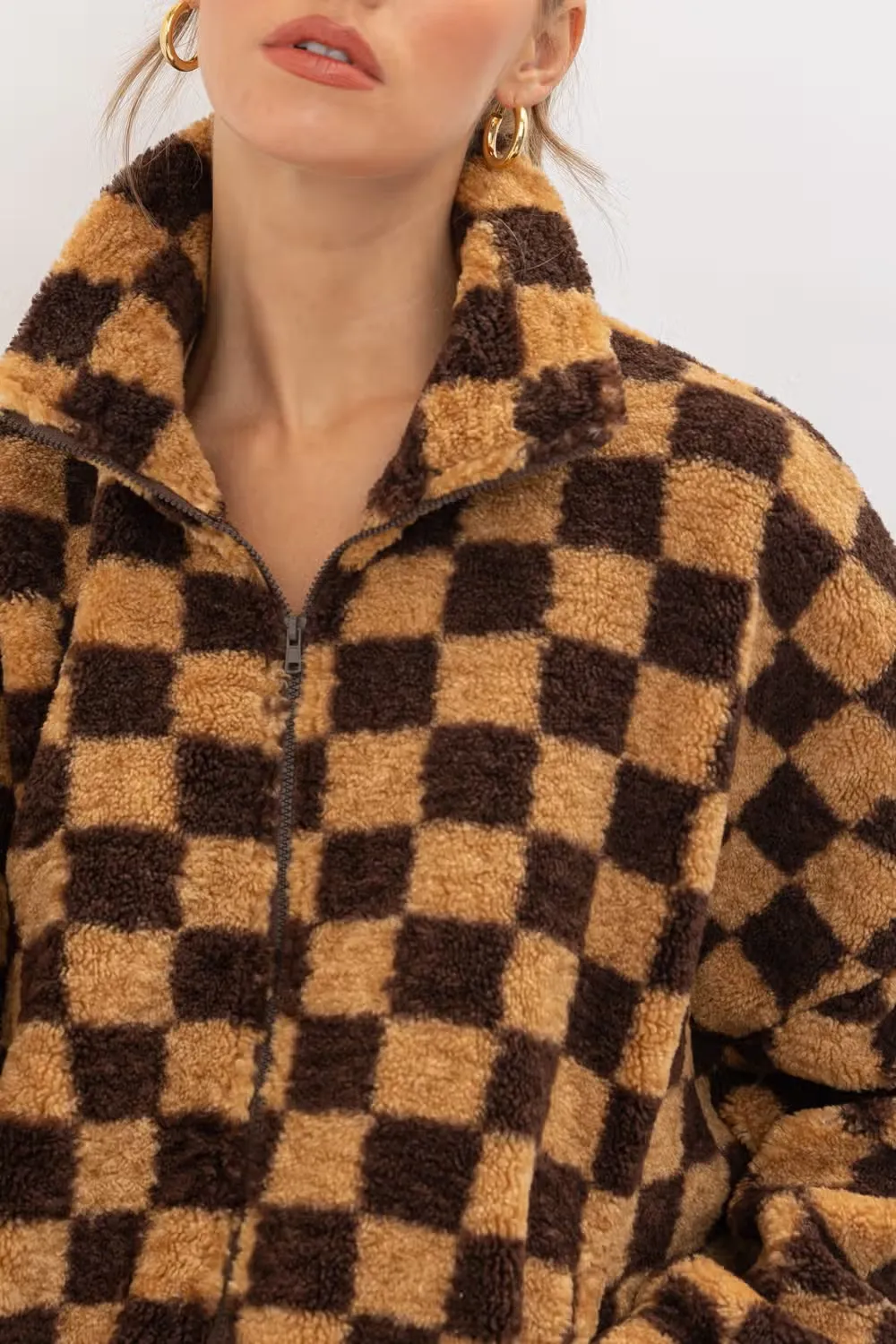 Checkered Faux Fur Jacket - Brown