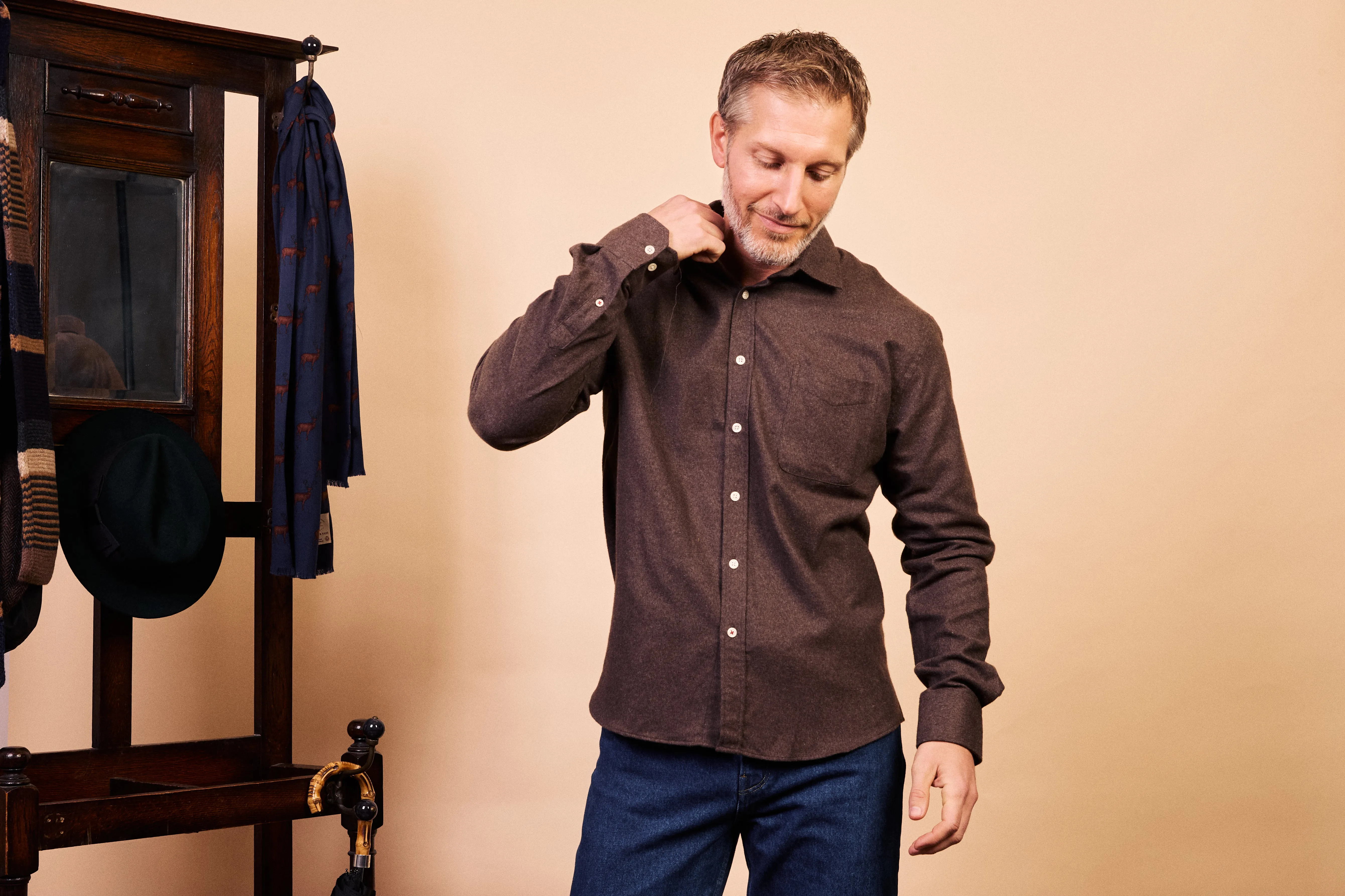 Classic Cotton & Cashmere Shirt - Brown Herringbone