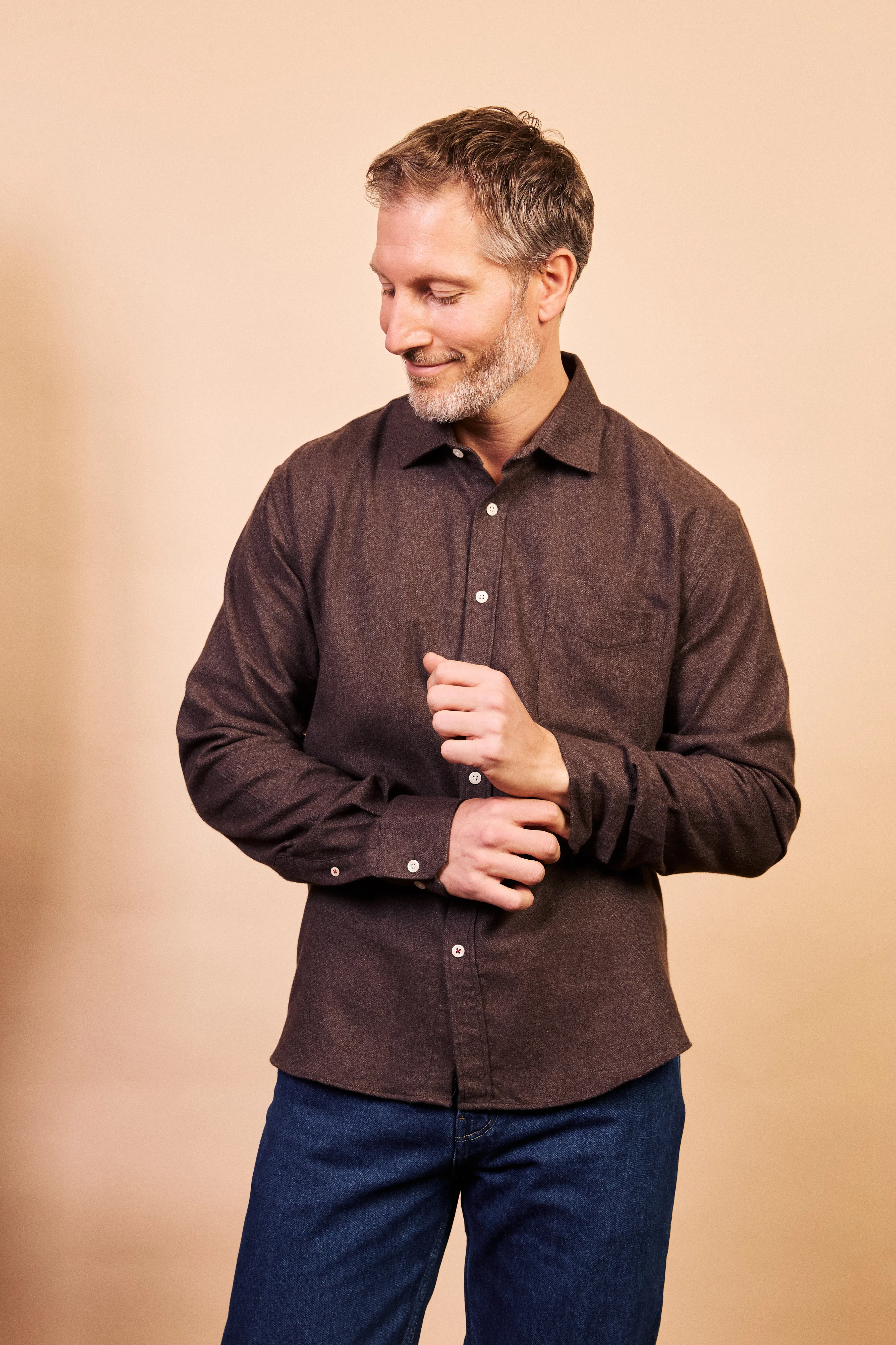 Classic Cotton & Cashmere Shirt - Brown Herringbone