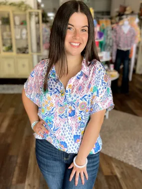 Colorful Abstract & Floral Print Top in Curvy