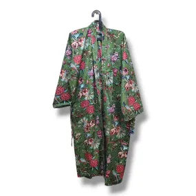 Cotton Hand Printed Kimono Robe German Green