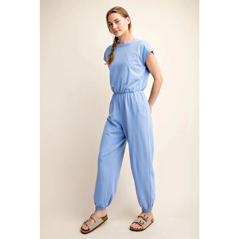 Cotton Lycra Open Back Jumpsuit Lt Indigo