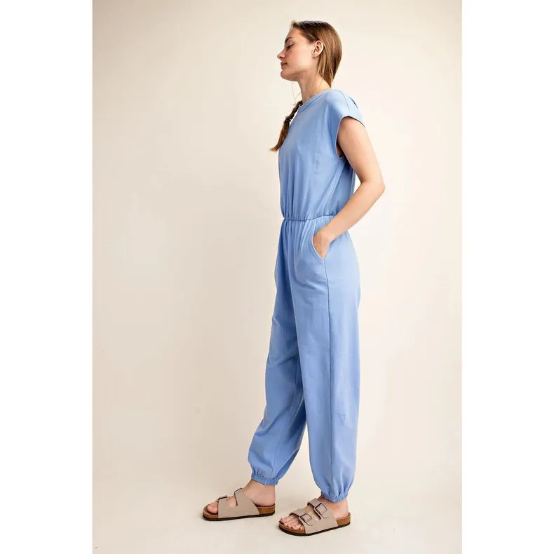 Cotton Lycra Open Back Jumpsuit Lt Indigo