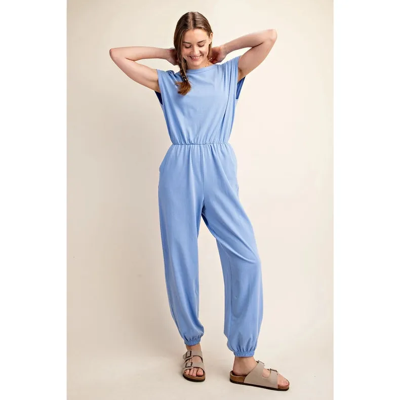 Cotton Lycra Open Back Jumpsuit Lt Indigo