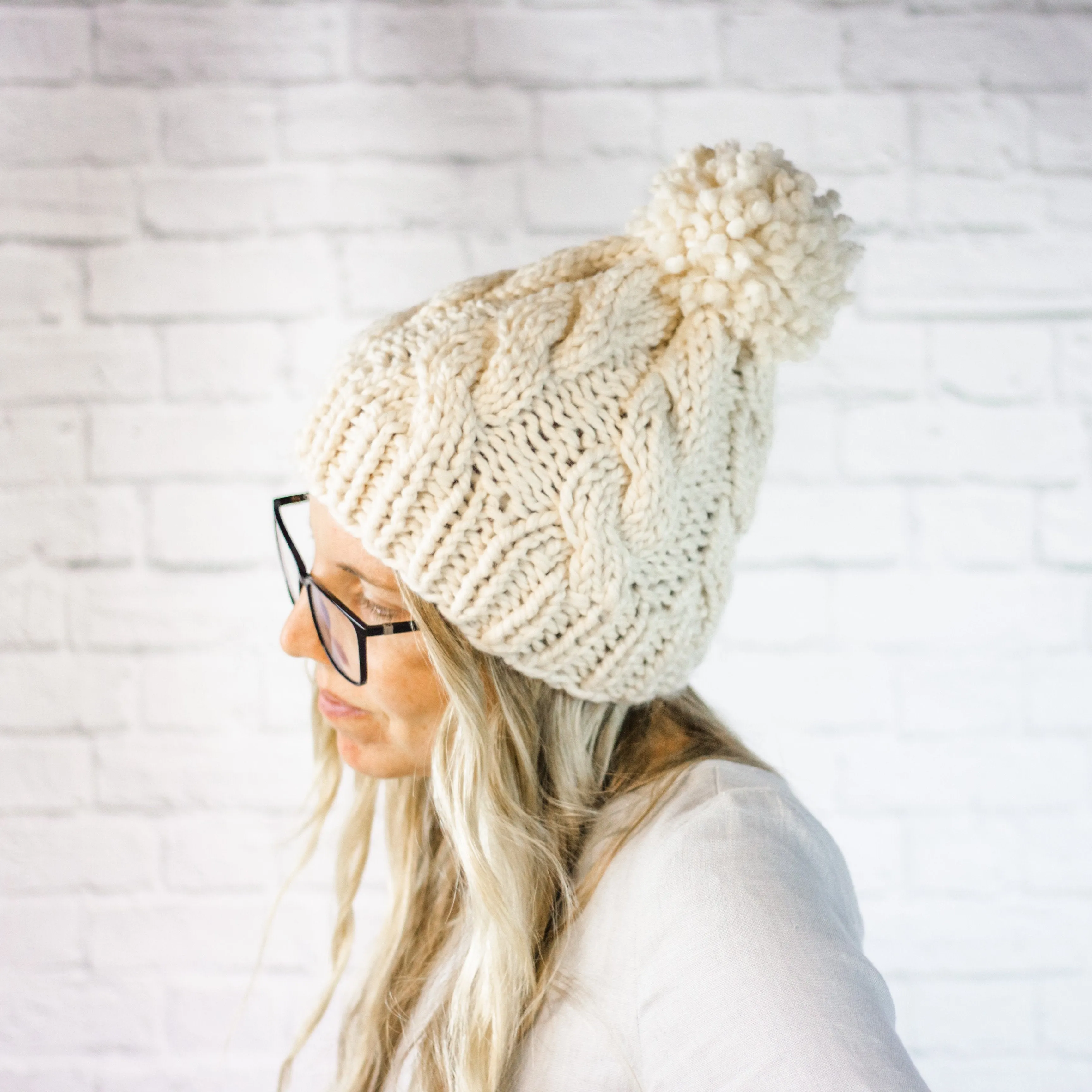 Cream Chunky Cable Knit Cabled Pom Pom Beanie Hat for Women