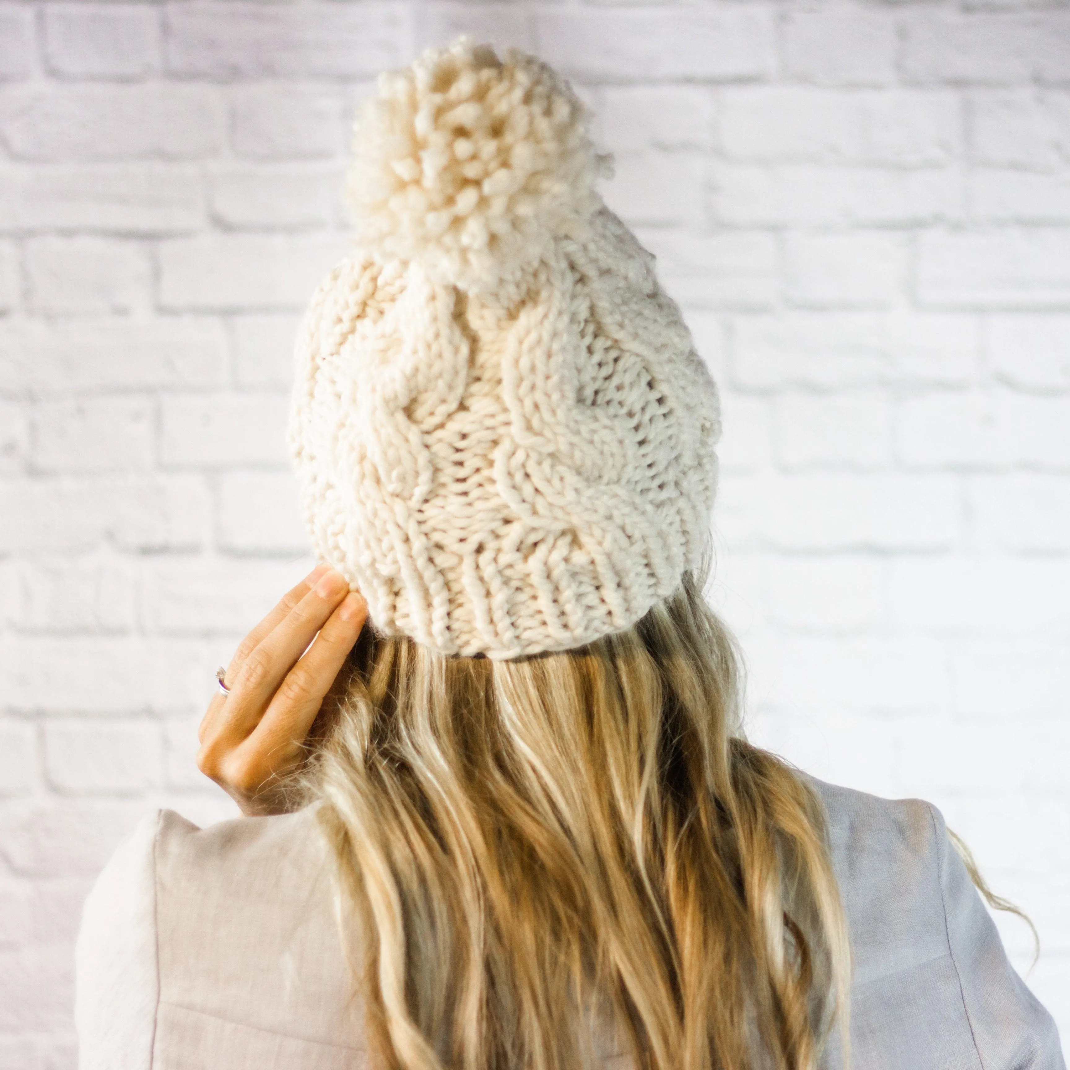 Cream Chunky Cable Knit Cabled Pom Pom Beanie Hat for Women