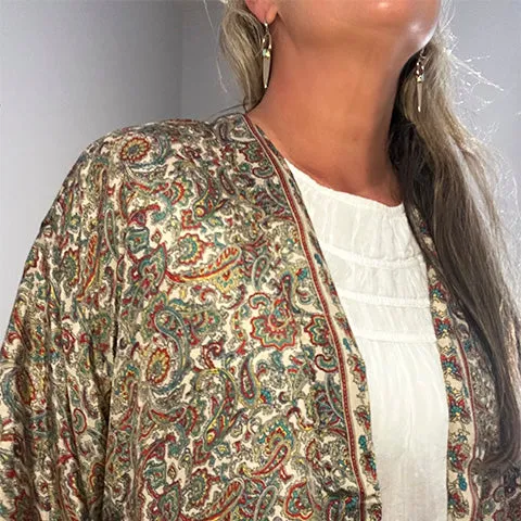 Cream Cyan Red Silk Kimono