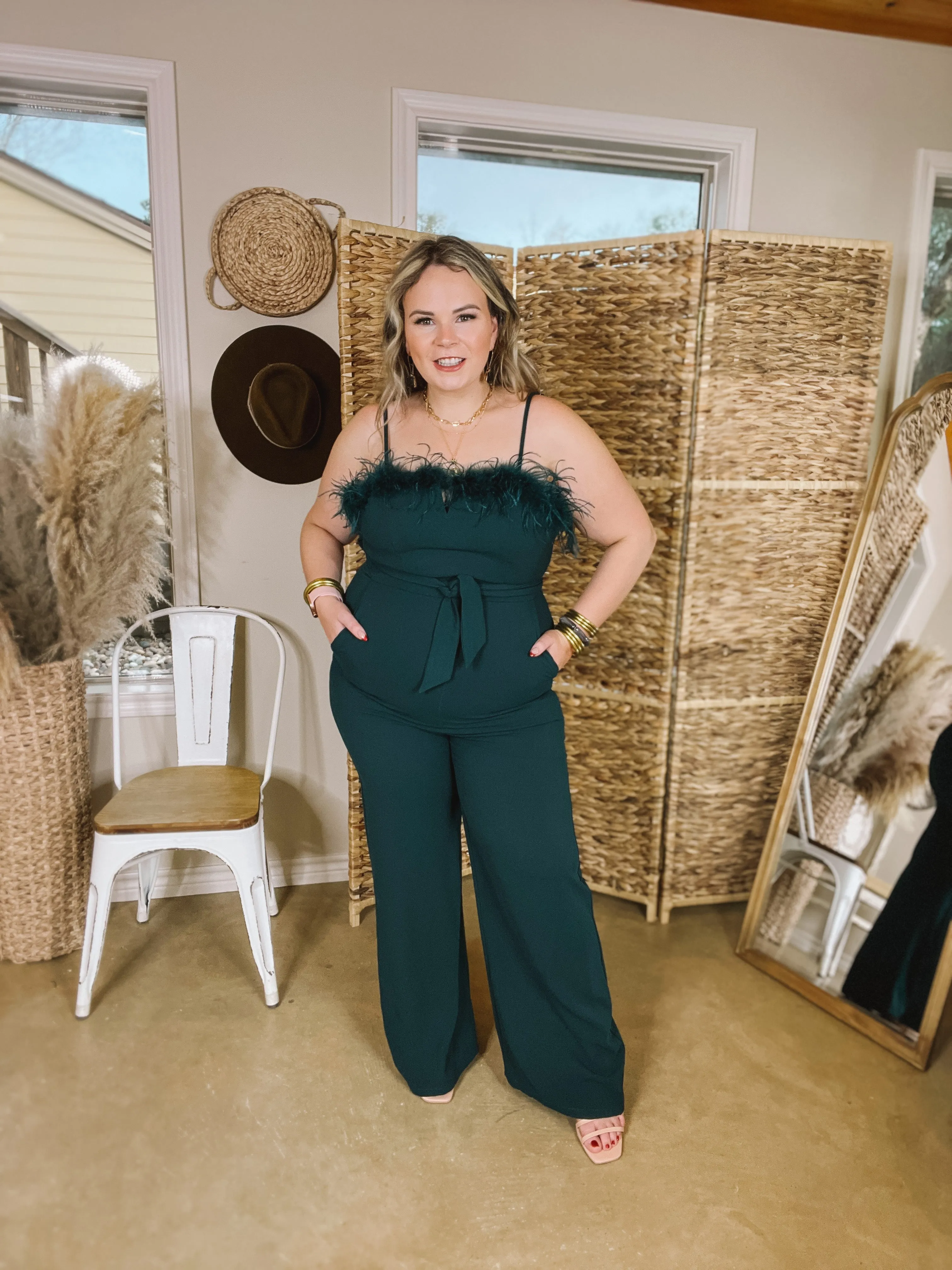 Cue The Lights Feather Jumpsuit with Waist Tie in Emerald Green