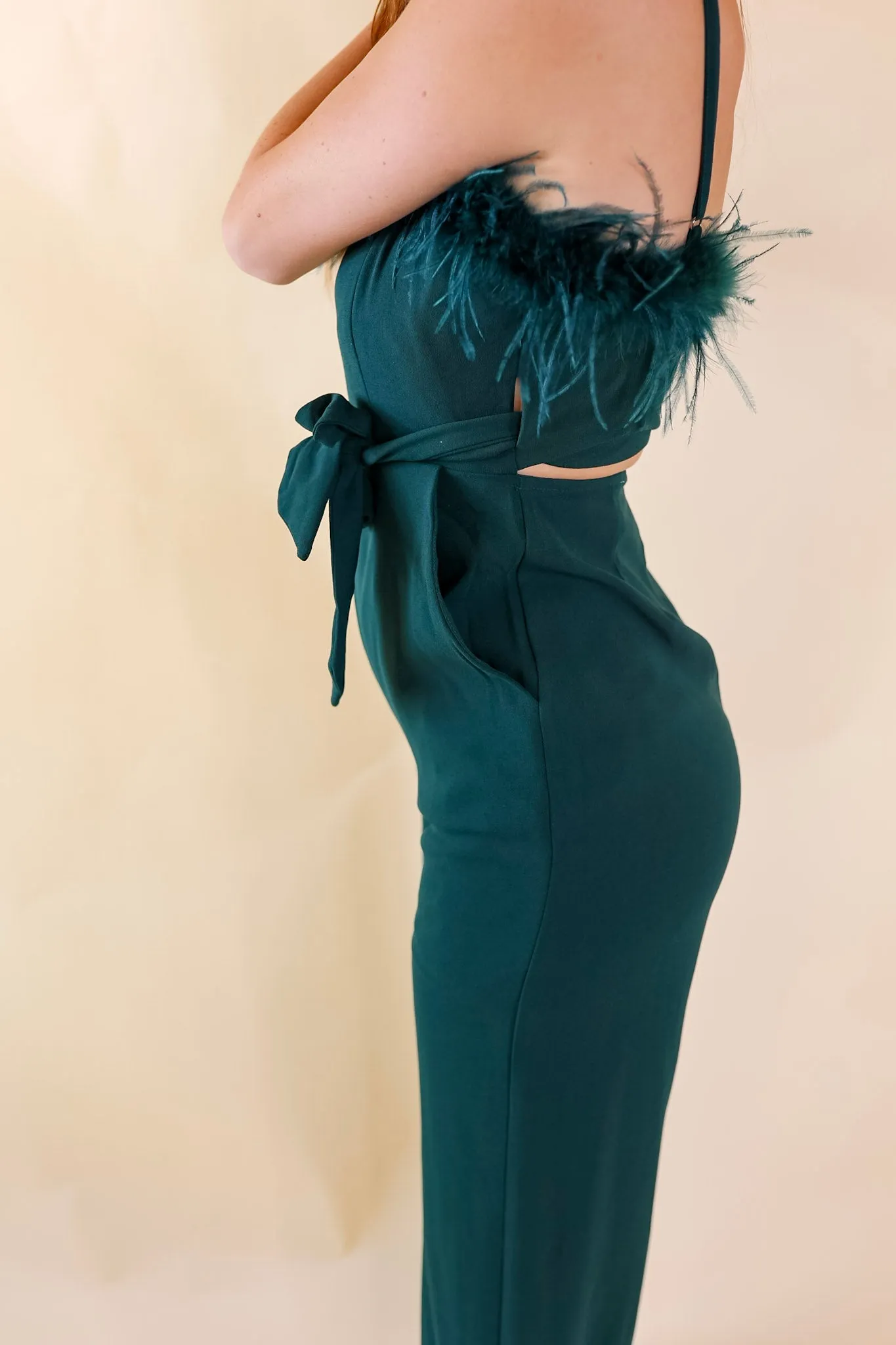 Cue The Lights Feather Jumpsuit with Waist Tie in Emerald Green